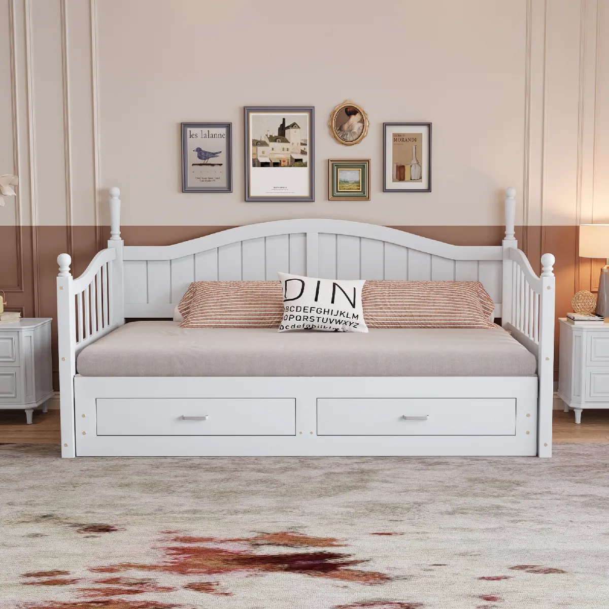 Canapé lit extensible bois 90/180x190 avec colonnes, tiroirs, sommier, pin, blanc