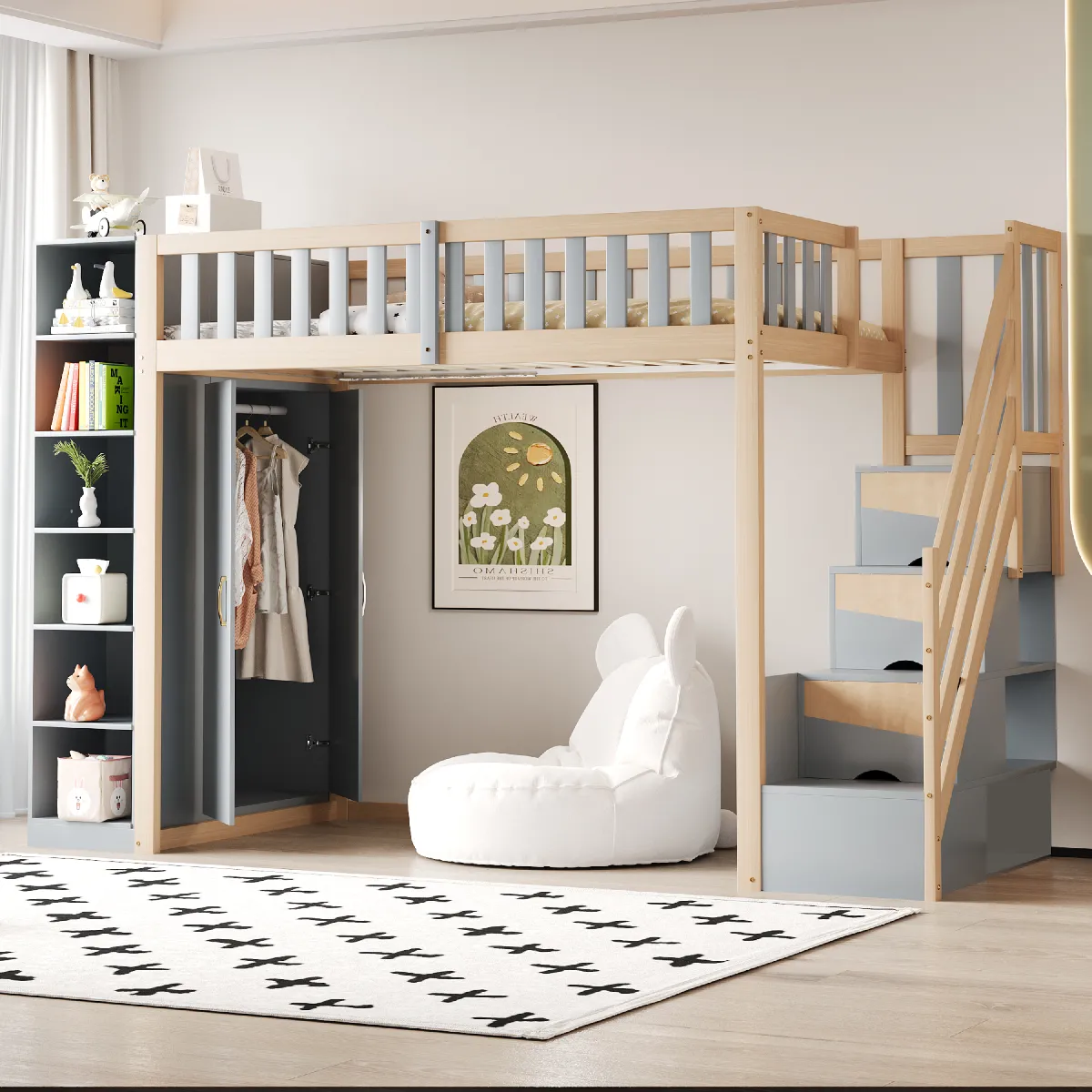 Lit mezzanine multifonction 90x200 avec étagères, armoire et échelle, gris + bois