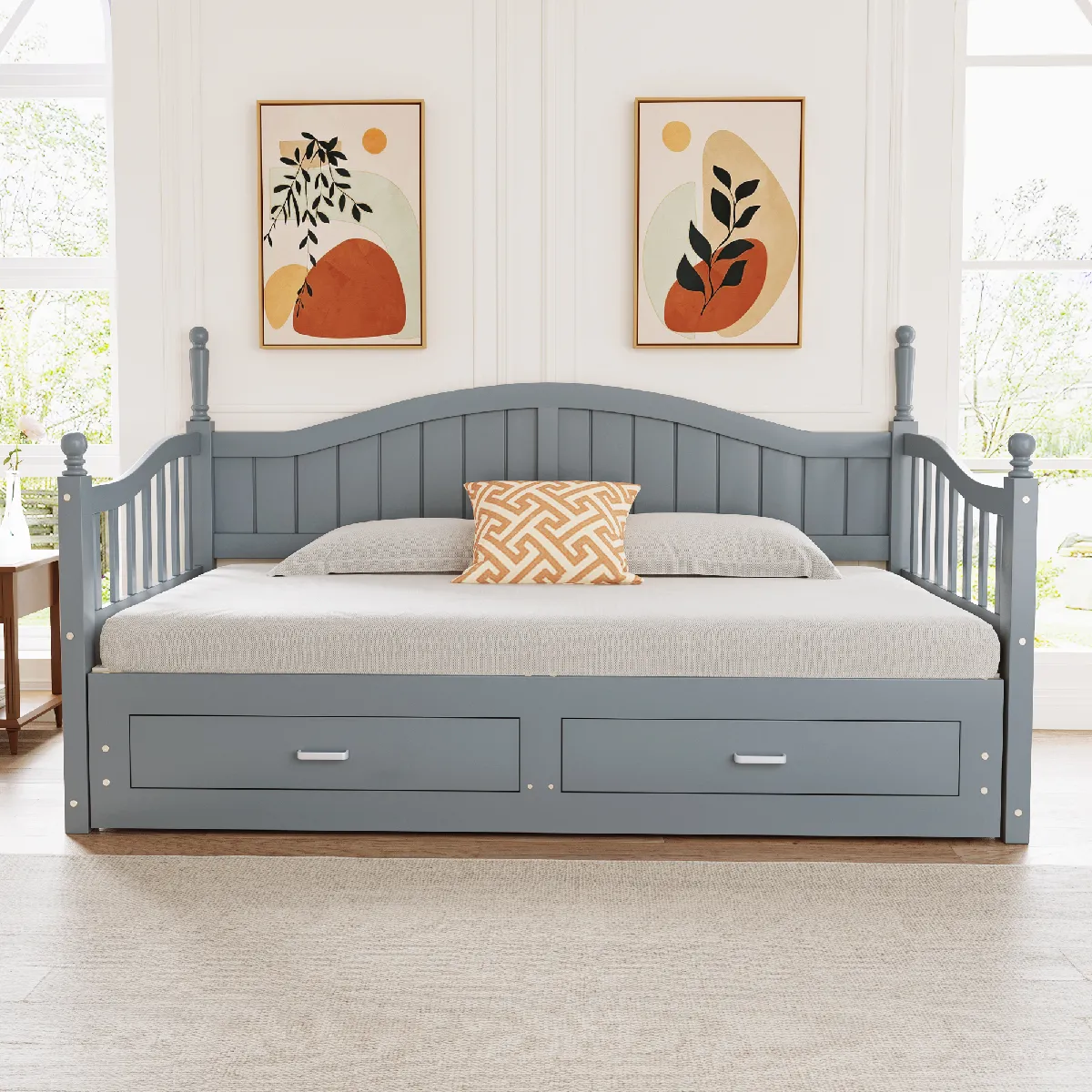 Canapé lit extensible bois 90/180x190 avec colonnes, tiroirs, sommier, pin, gris