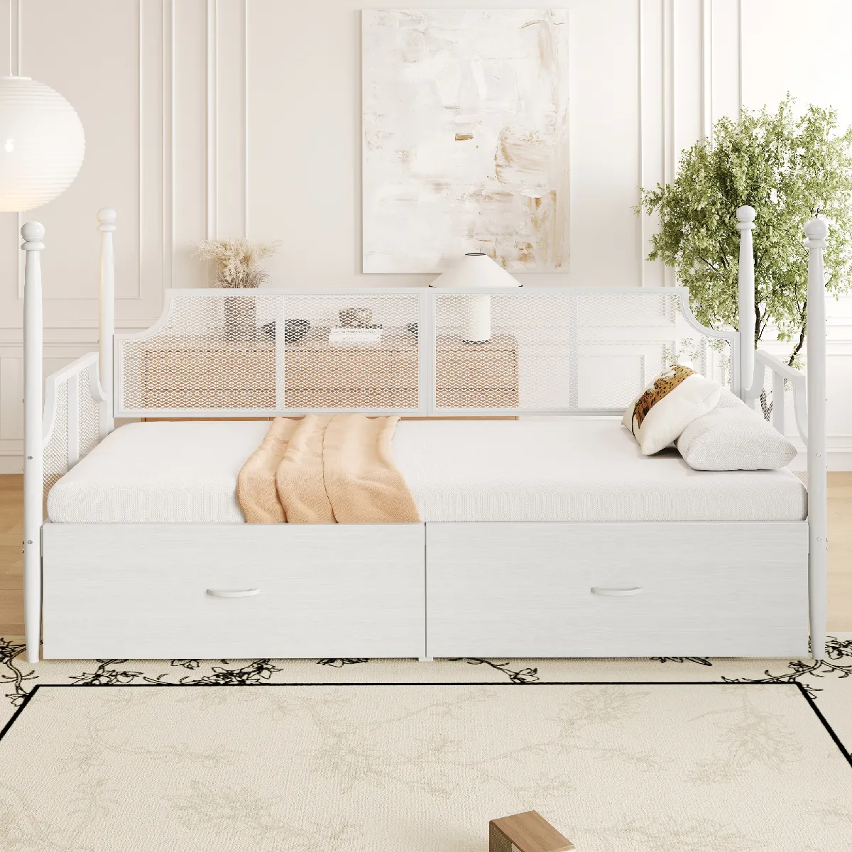 Canapé lit métal 90x200, dossier en maille vintage, niches, fer, blanc