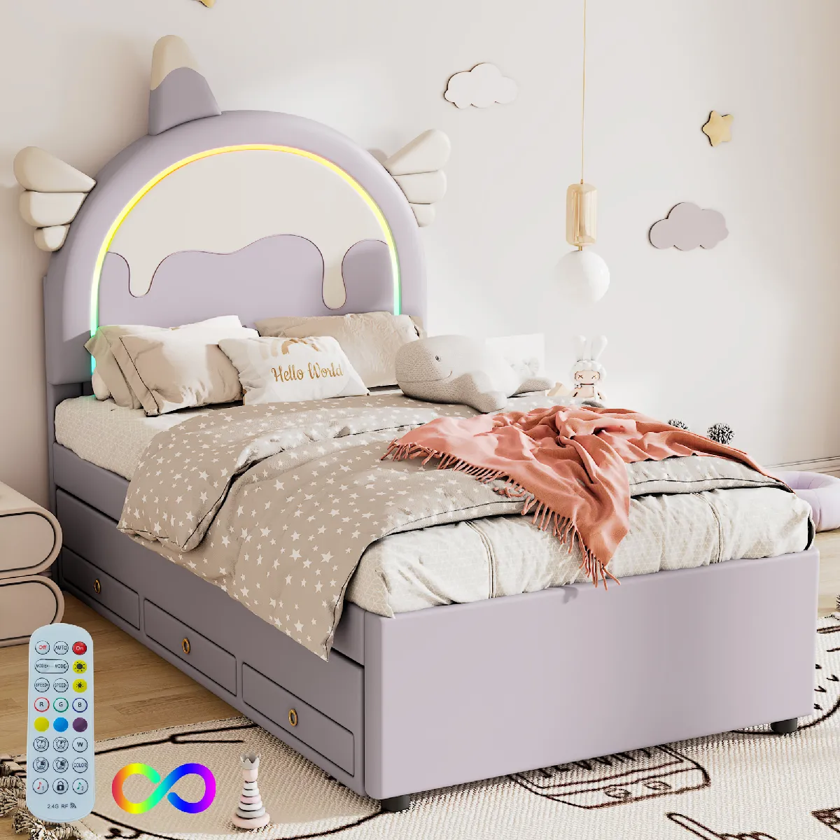 Lit enfant 90x200cm licorne violet, sans matelas, lit roulette, PU