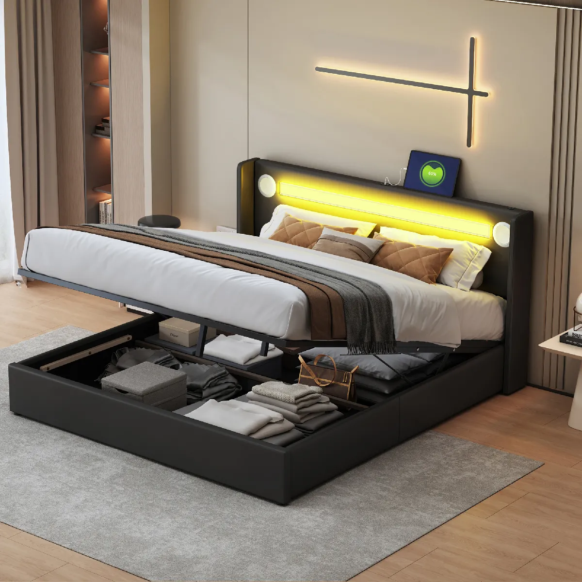 Lit capitonné 160x200 avec LED, Bluetooth, USB, rangement PU cuir, sommier, noir.