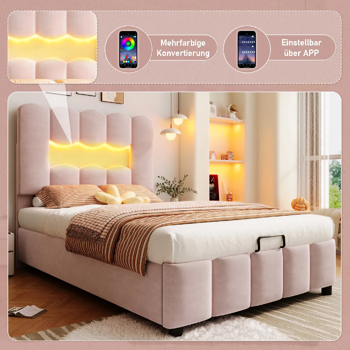 Lit capitonné 90x200cm velours rose, sans matelas, LED, tête réglable