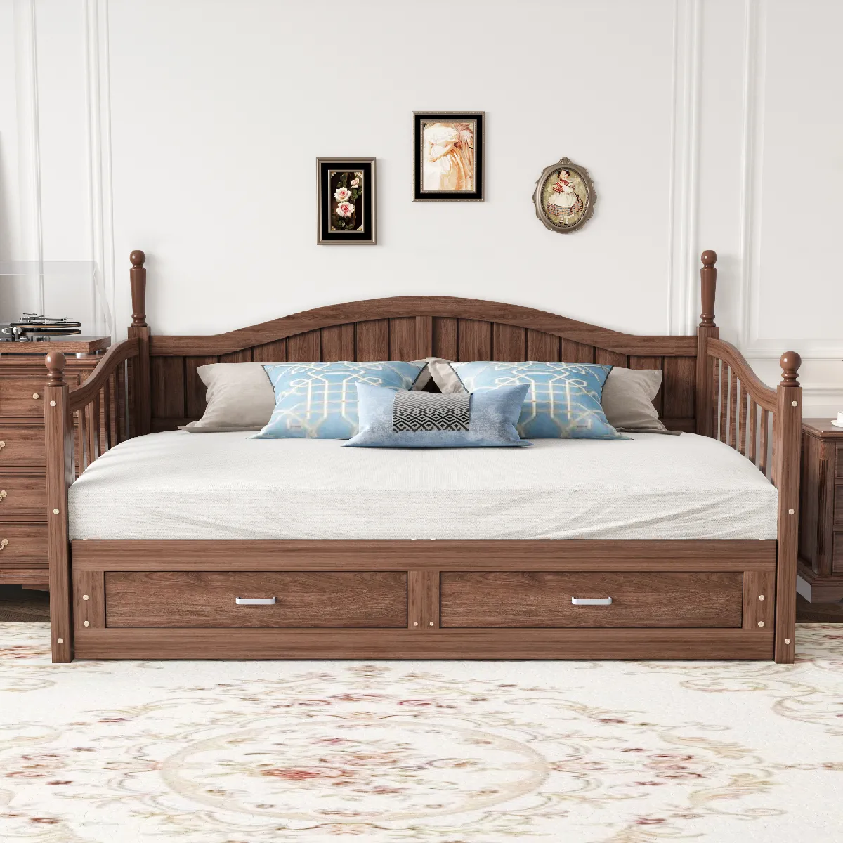 Canapé lit extensible en bois massif 90/180x190 avec colonnes, tiroirs, sommier, noyer