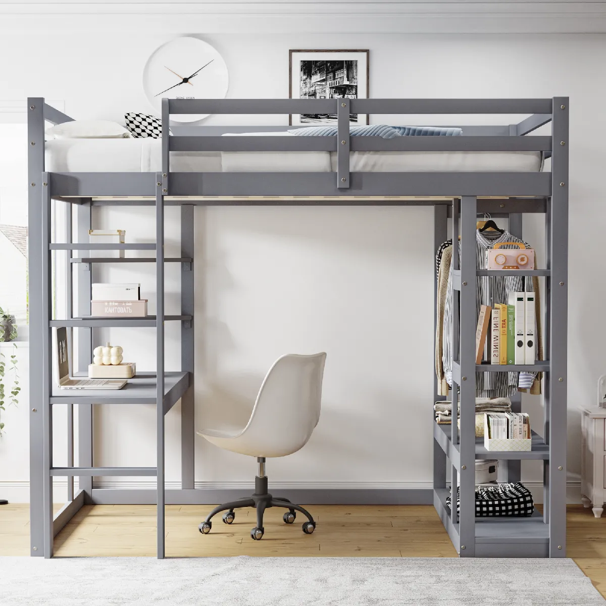 Lit mezzanine bois 140x200 avec table, étagères, porte-vêtements, gris