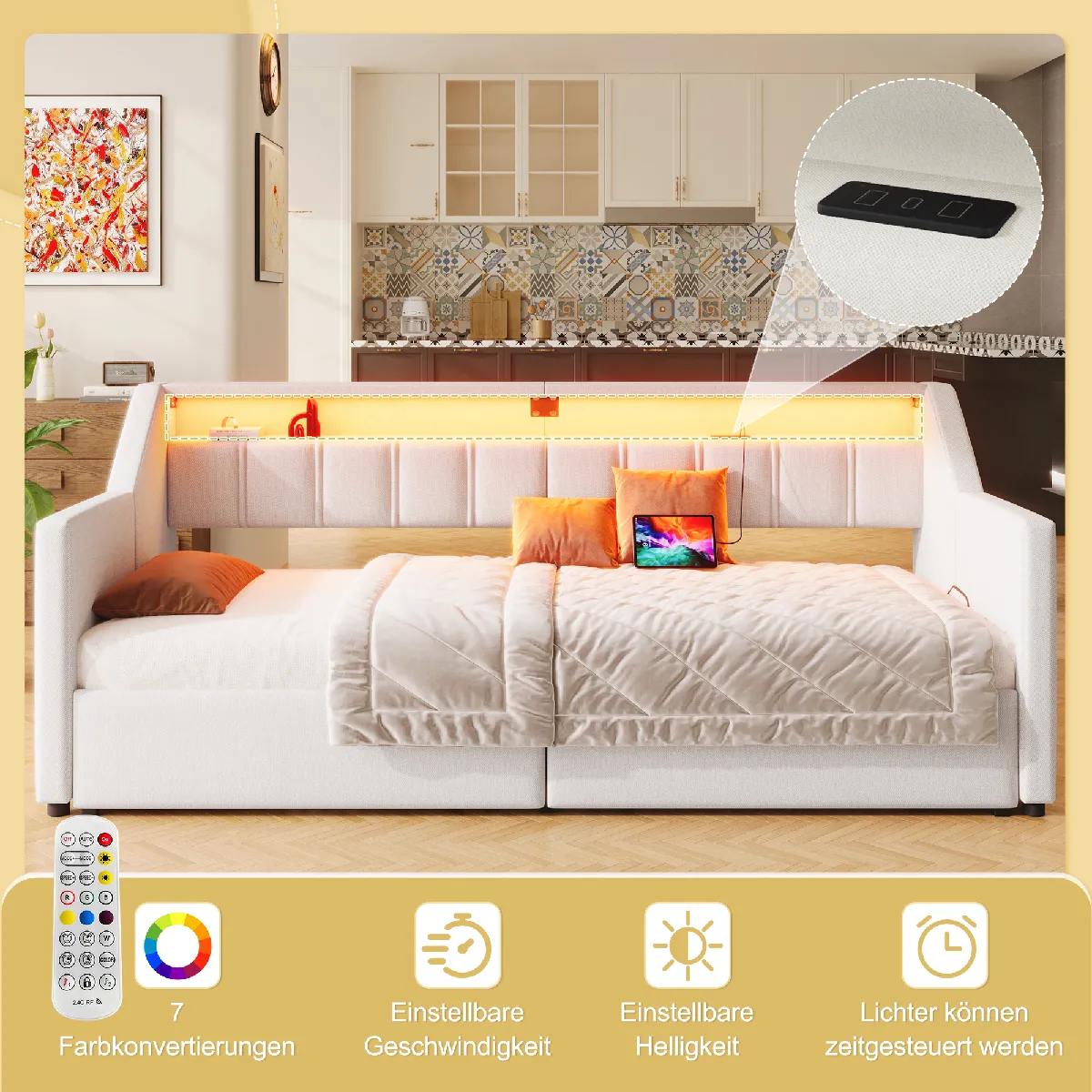 Lit jour 90x200cm beige, sans matelas, LED, USB-C, 2 tiroirs, lit escamotable