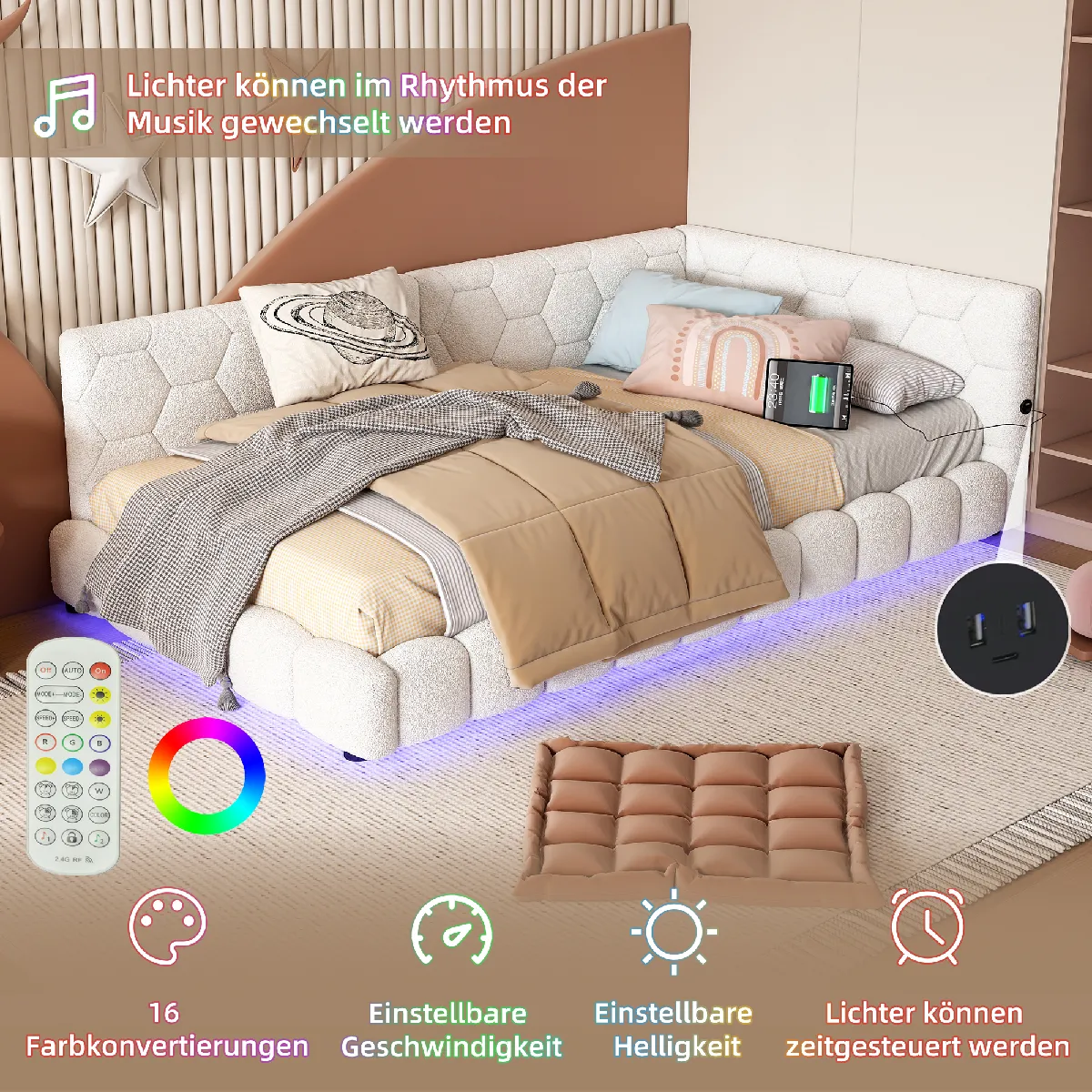 Lit jour 90x200 blanc, LED 16 couleurs, ports USB/C, simili-fourrure - Sans matelas