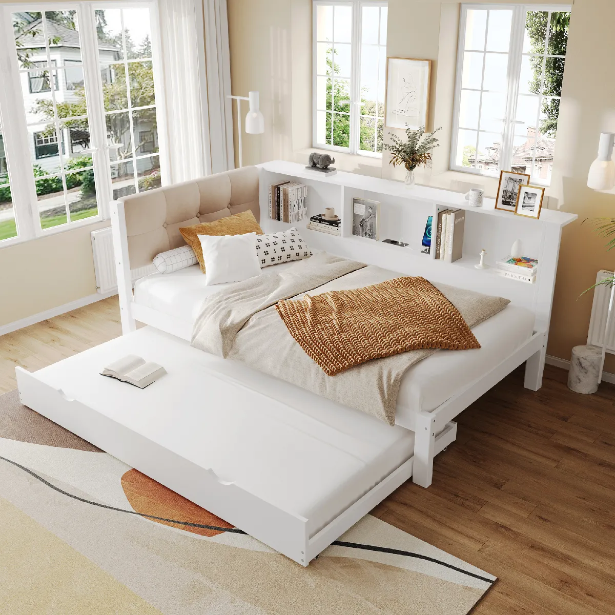 Lit jour 90x200cm pin blanc, sans matelas, LED dimmable, étagère, USB, lit escamotable