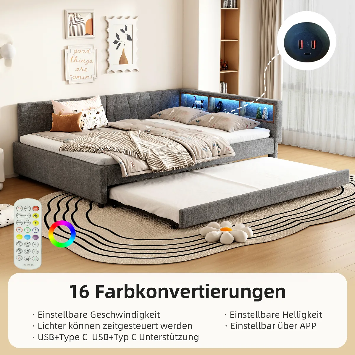 Lit jour 140x200cm lin gris, sans matelas, LED, USB-C, lit escamotable, appli