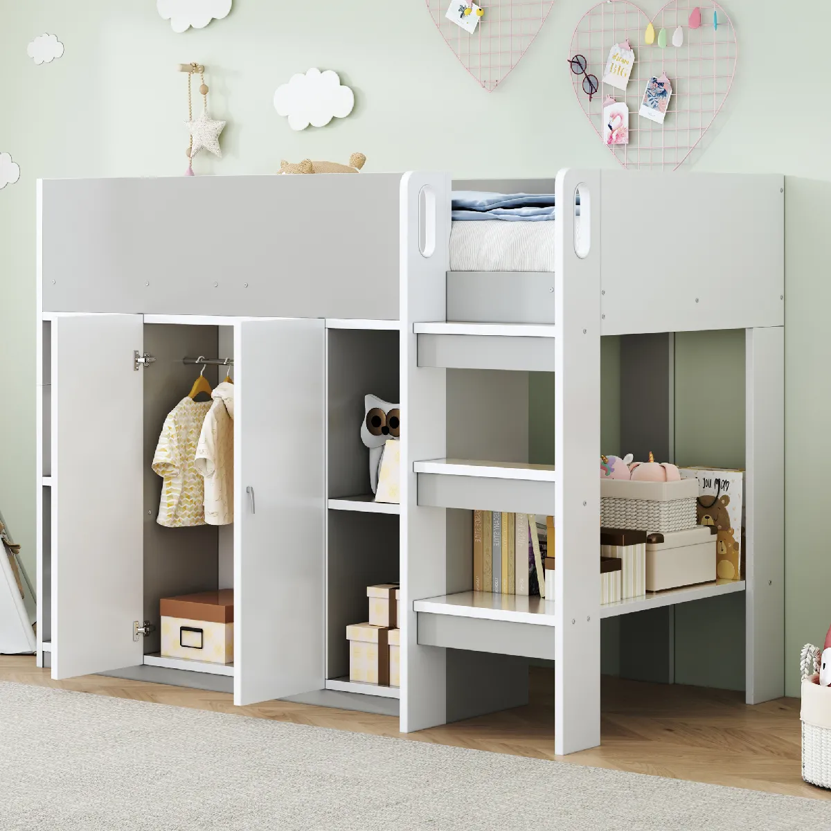 Lit mezzanine 90x200 avec rangement, armoire et étagères, échelle, gris