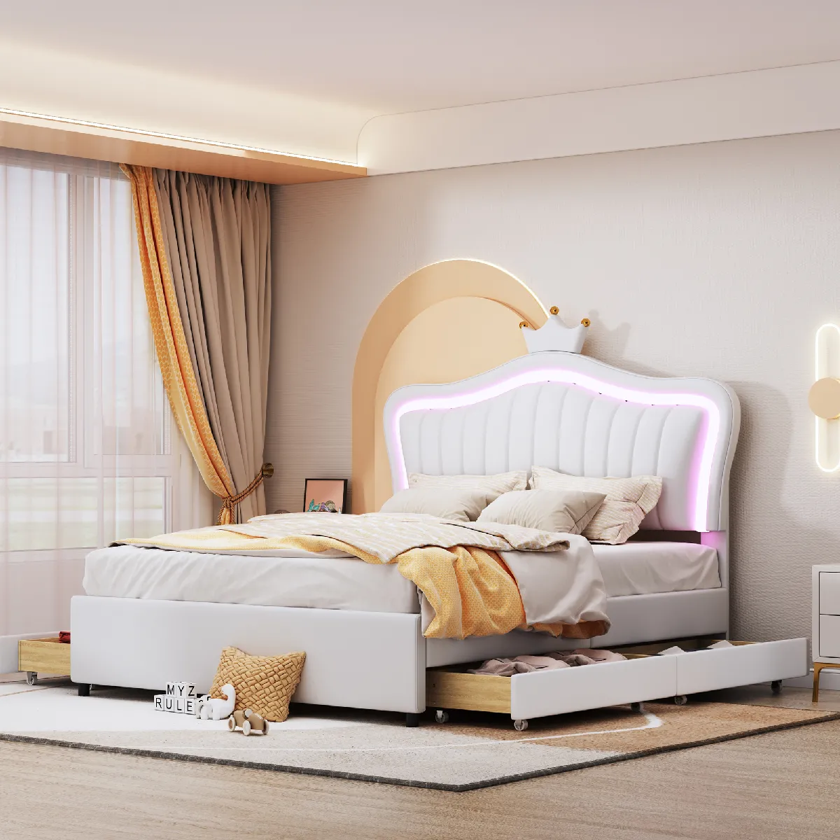 Lit enfant capitonné 140x200, cadre couronne fille, PU cuir, tiroirs, LED, sommier, blanc.