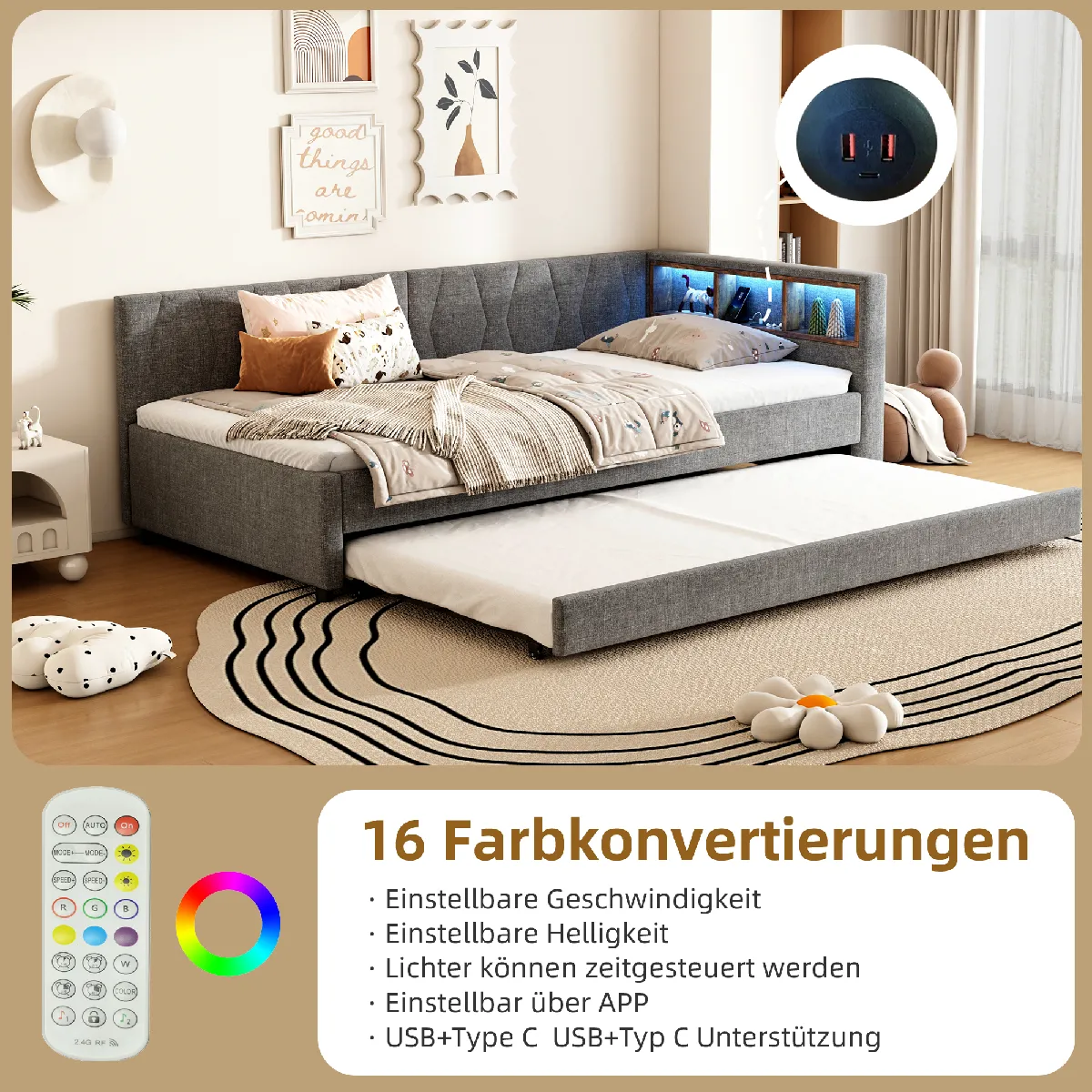 Lit jour 90x200cm lin gris, sans matelas, LED, USB-C, lit escamotable, appli