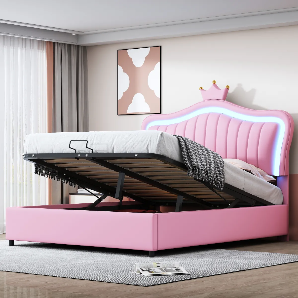 Lit enfant capitonné 140x200 rangement hydraulique cadre couronne PU cuir LED .