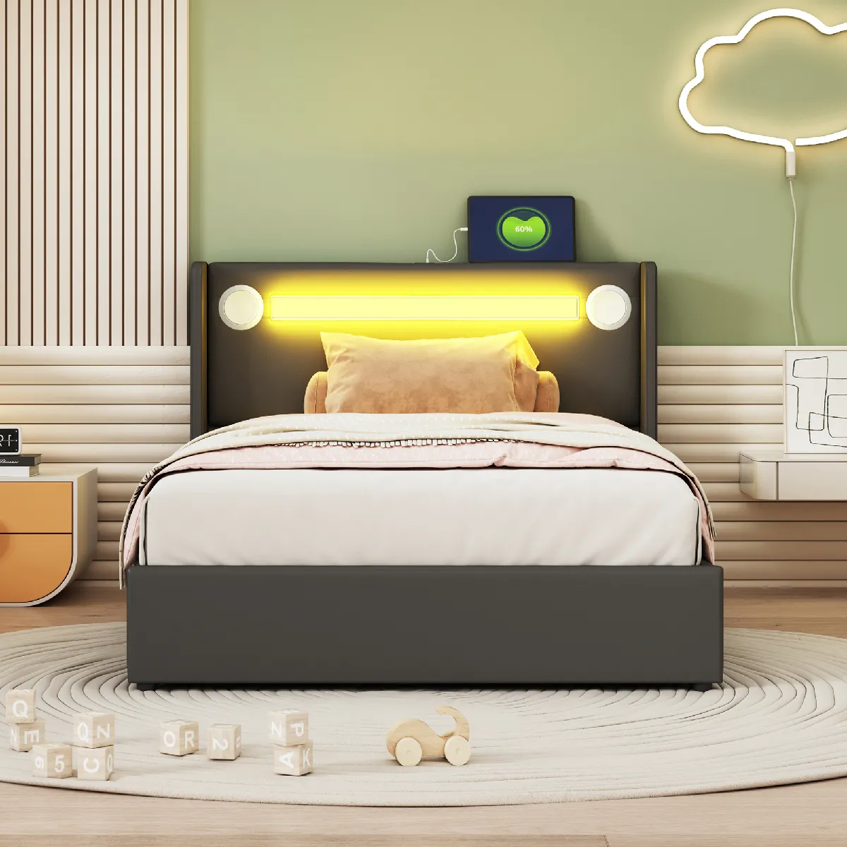 Lit enfant capitonné 90x200 avec LED, Bluetooth, USB, rangement PU cuir, sommier, noir.