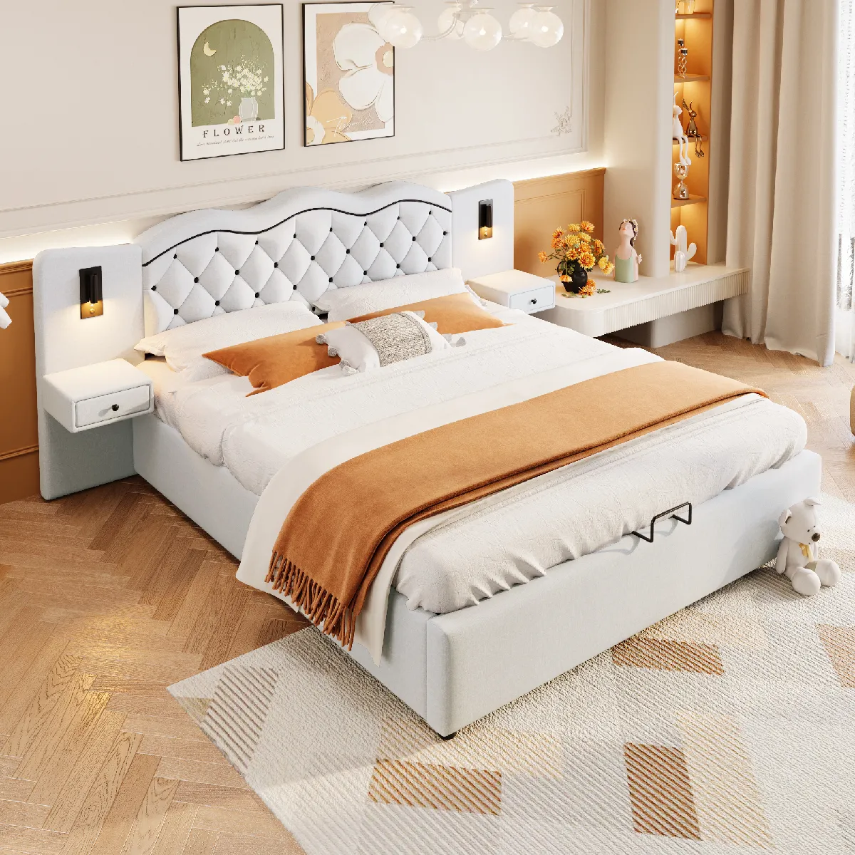 Lit plateau 180x200cm beige, sans matelas, tête intégrée, USB, 2 lampes