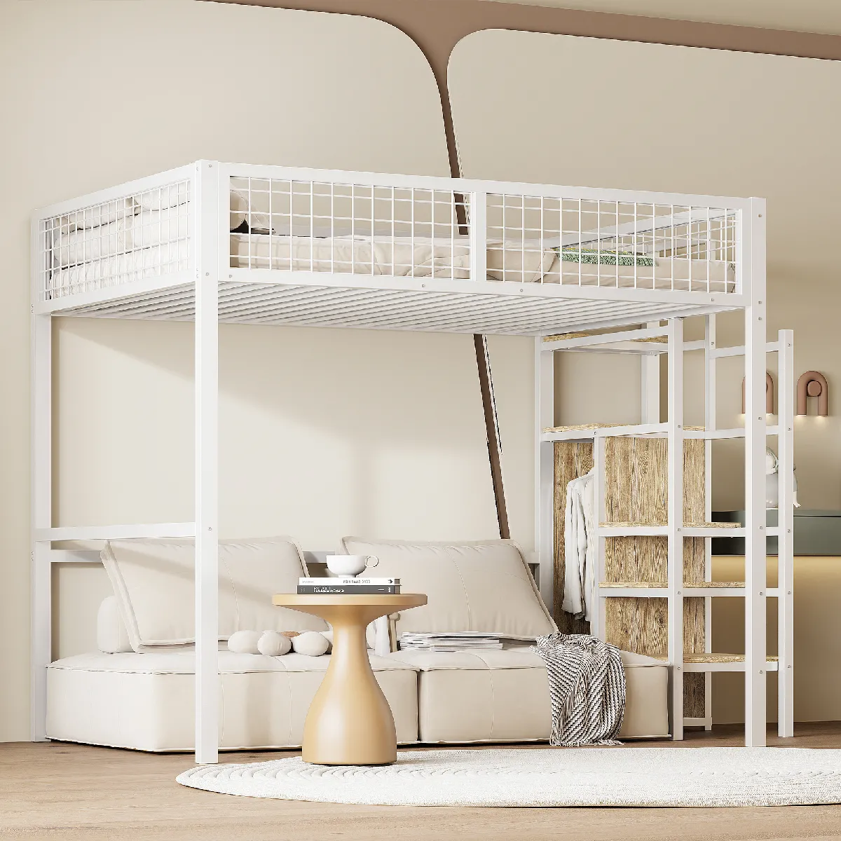 Lit mezzanine 140x200 avec échelle, métal, armoire, blanc (ancien SKU)