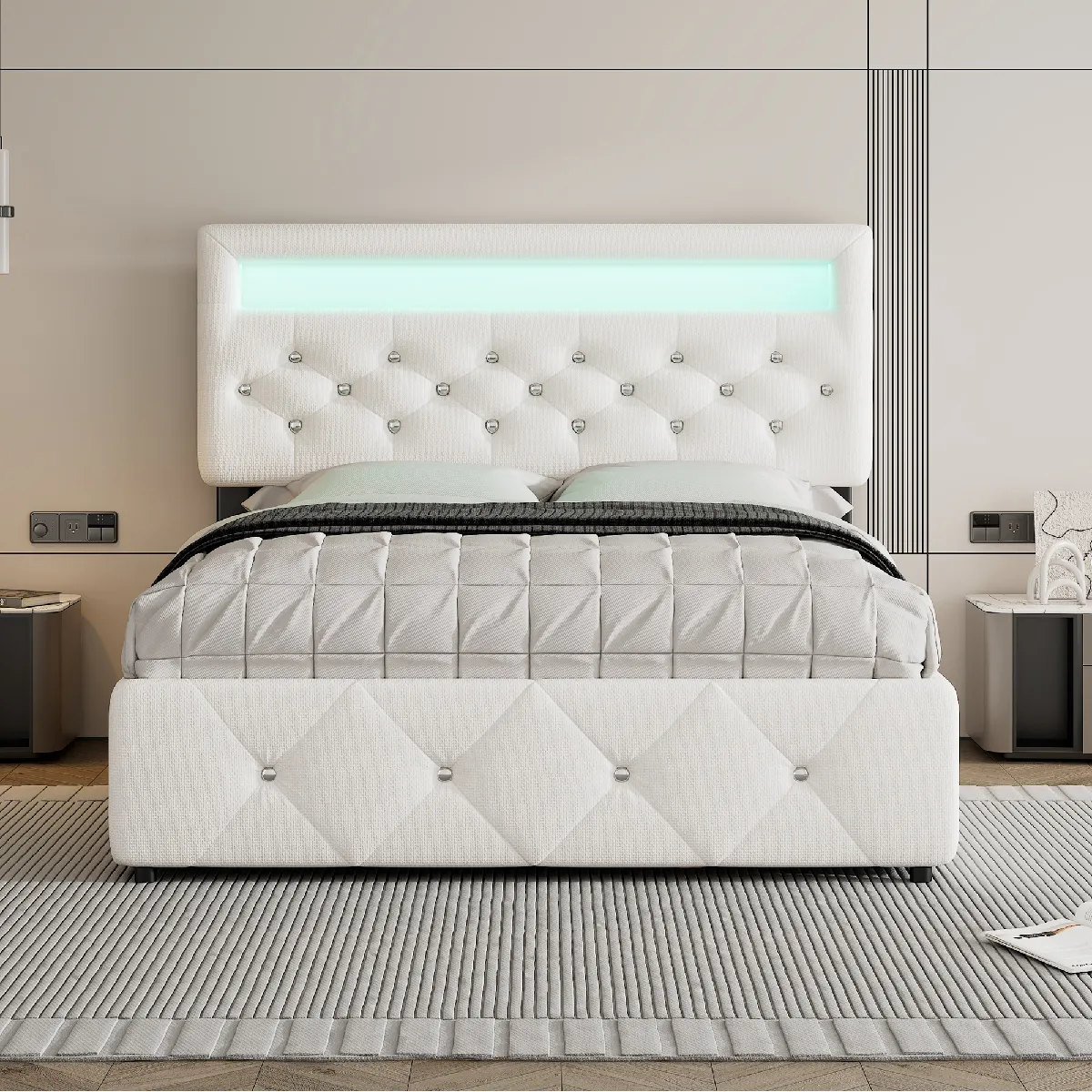 Lit capitonné 140x200cm blanc, sans matelas, lit escamotable, 2 tiroirs, chevet LED