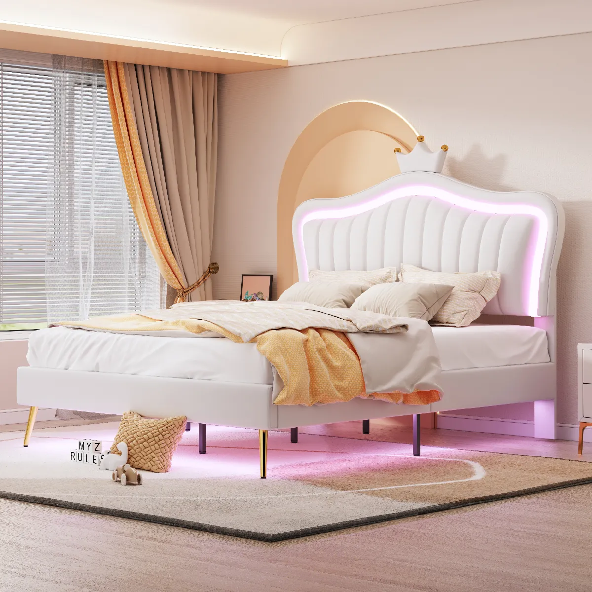 Lit enfant capitonné 140x200, cadre couronne fille, PU cuir, LED, sommier, blanc.