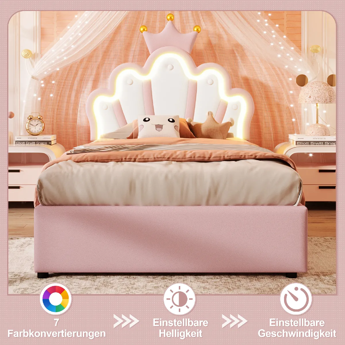 Lit capitonné 90x200cm rose, sans matelas, LED, princesse couronne, tête réglable