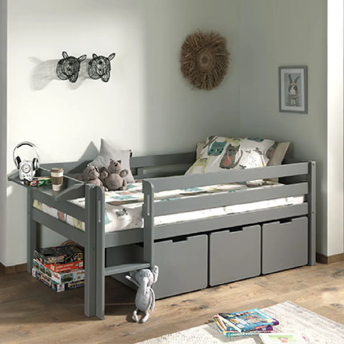 Lit mi-hauteur échelle + 3 tiroirs + étagère 90x200 cm gris - PINO