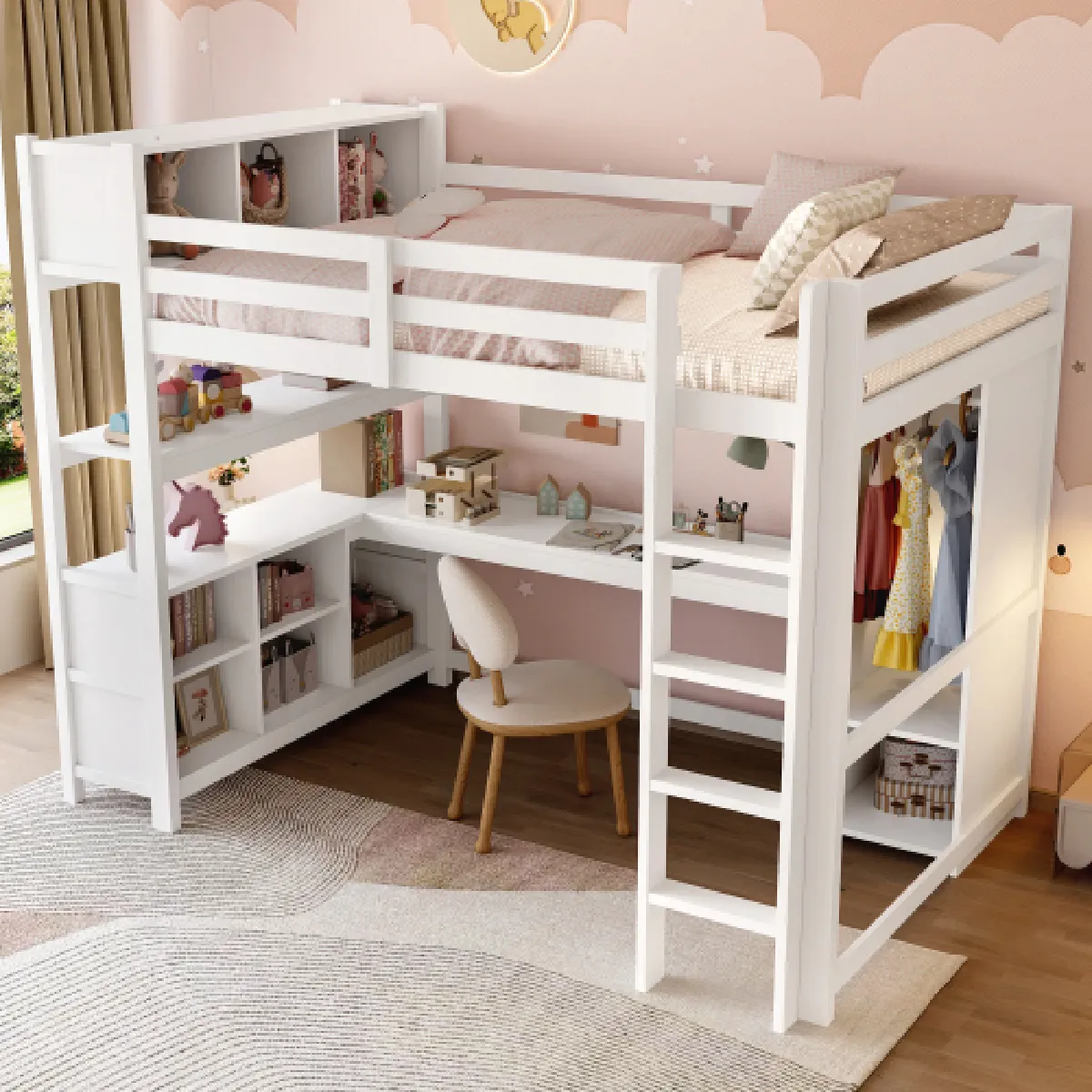 Lit mezzanine 140x200 cm avec bureau et armoire en pin