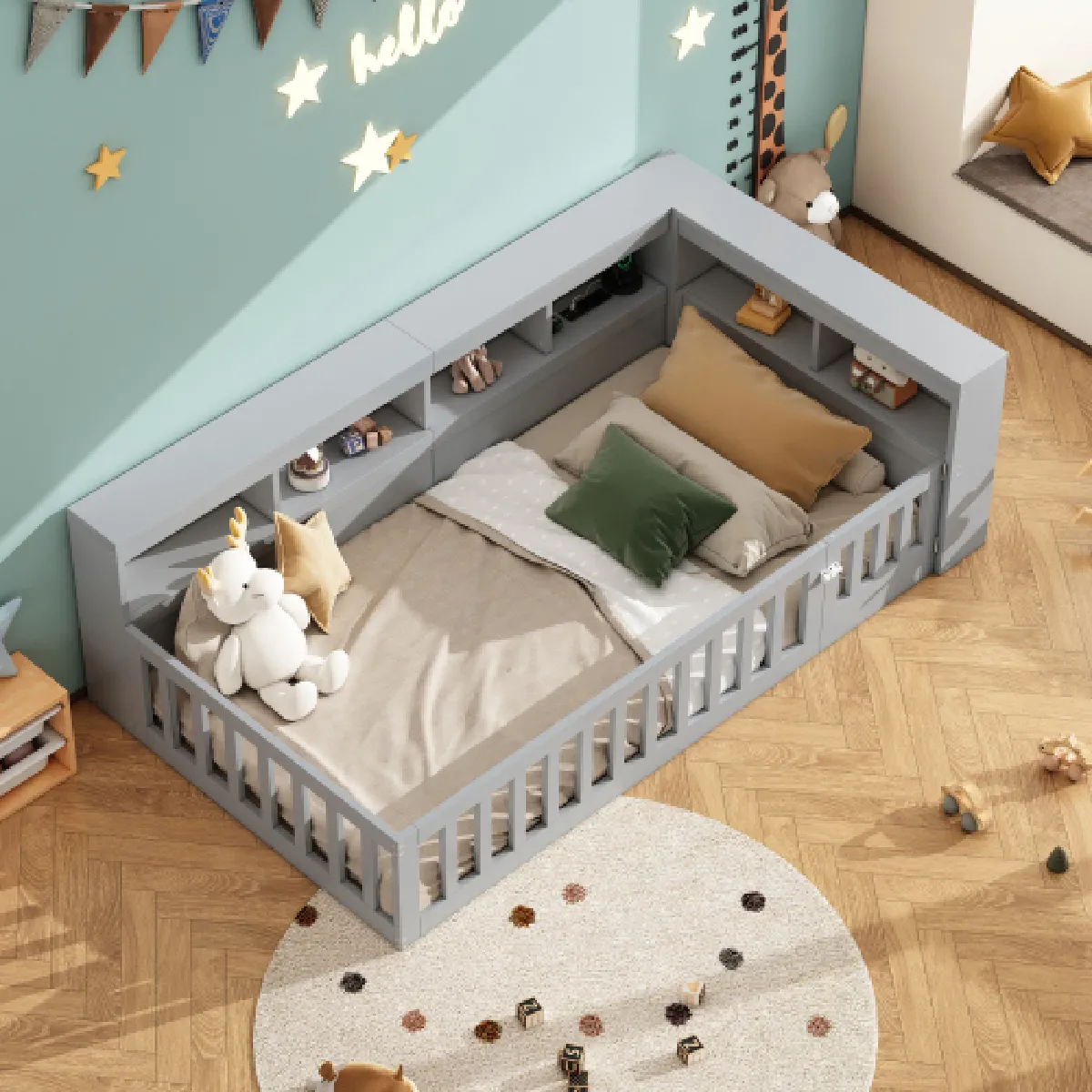 Lit enfant 90x200 cm avec table de chevet, prise électrique et USB, en panneau de particules, gris