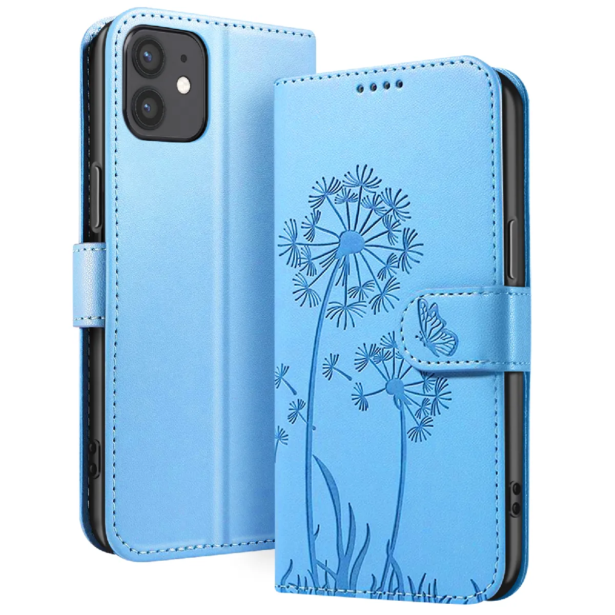Zanaé Bleu/Clair Étui Portefeuille Pour Iphone 12 / 12 Pro Premium Design Fleurs Papillon
