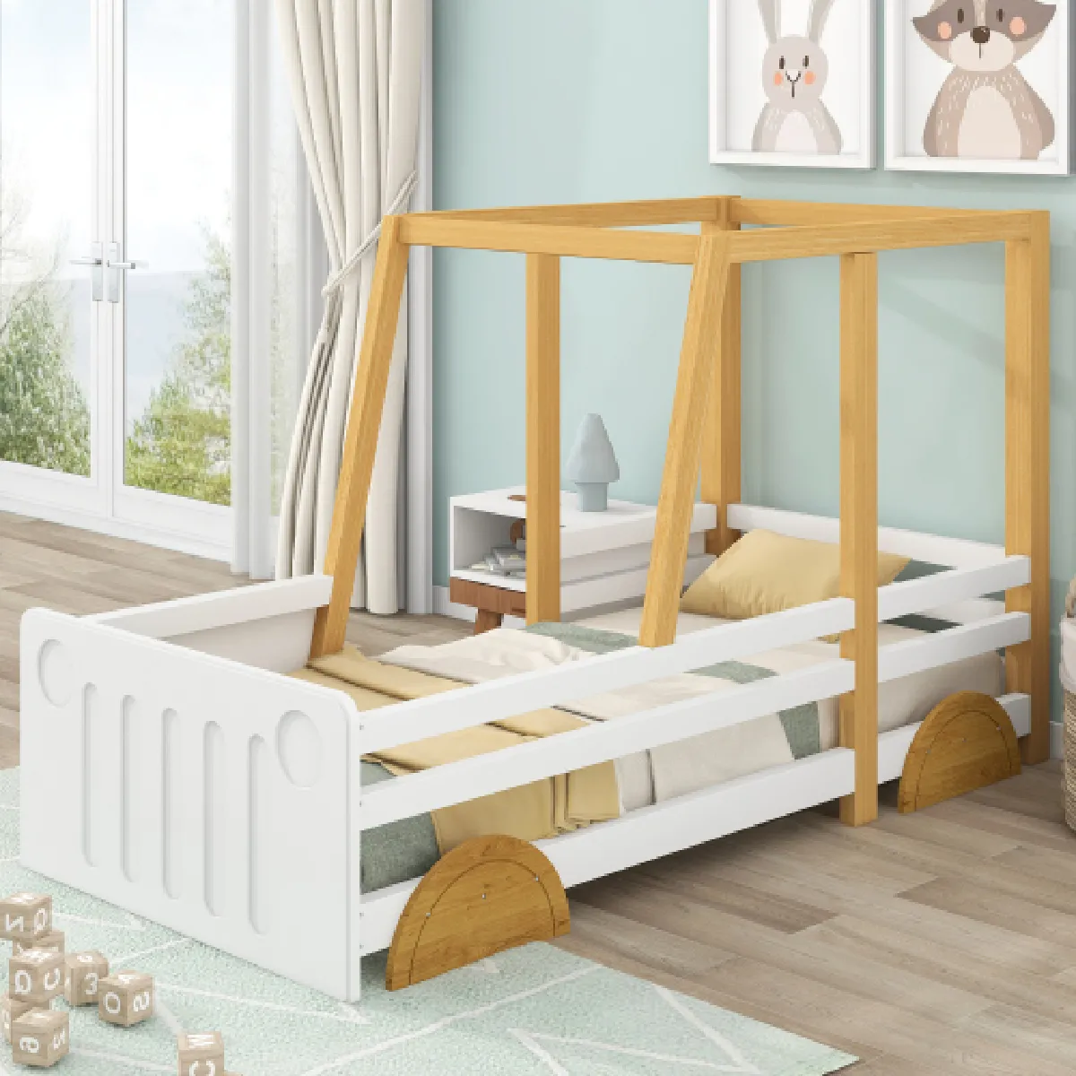 Lit enfant 90x200 cm avec roulettes, en bois, blanc