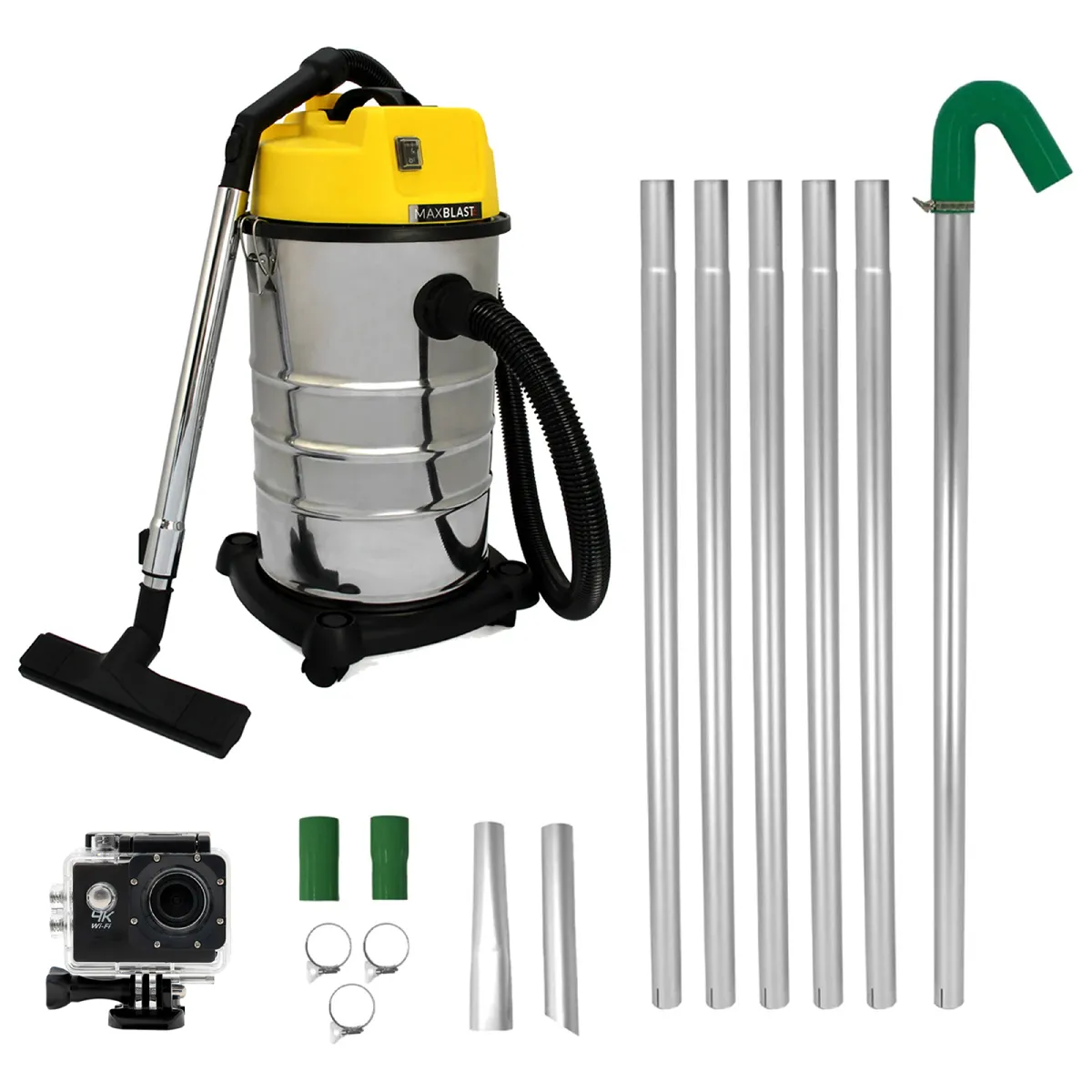 MONSTERSHOP MAXBLAST Lot de Aspirateur Industriel 30 L, Perche Pour Goutti&egrave;res & Cam&eacute;ra d'Inspection
