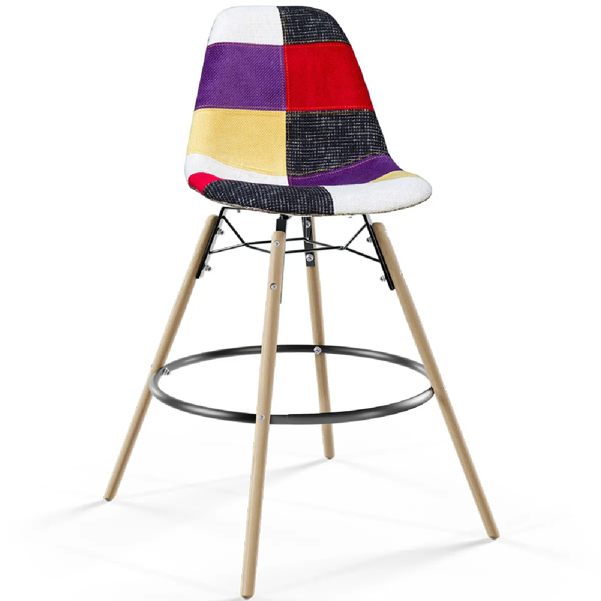 Tabouret de Bar - Rembourrage Patchwork - Design Scandinave et Pieds en Bois - Skögur Multicolore