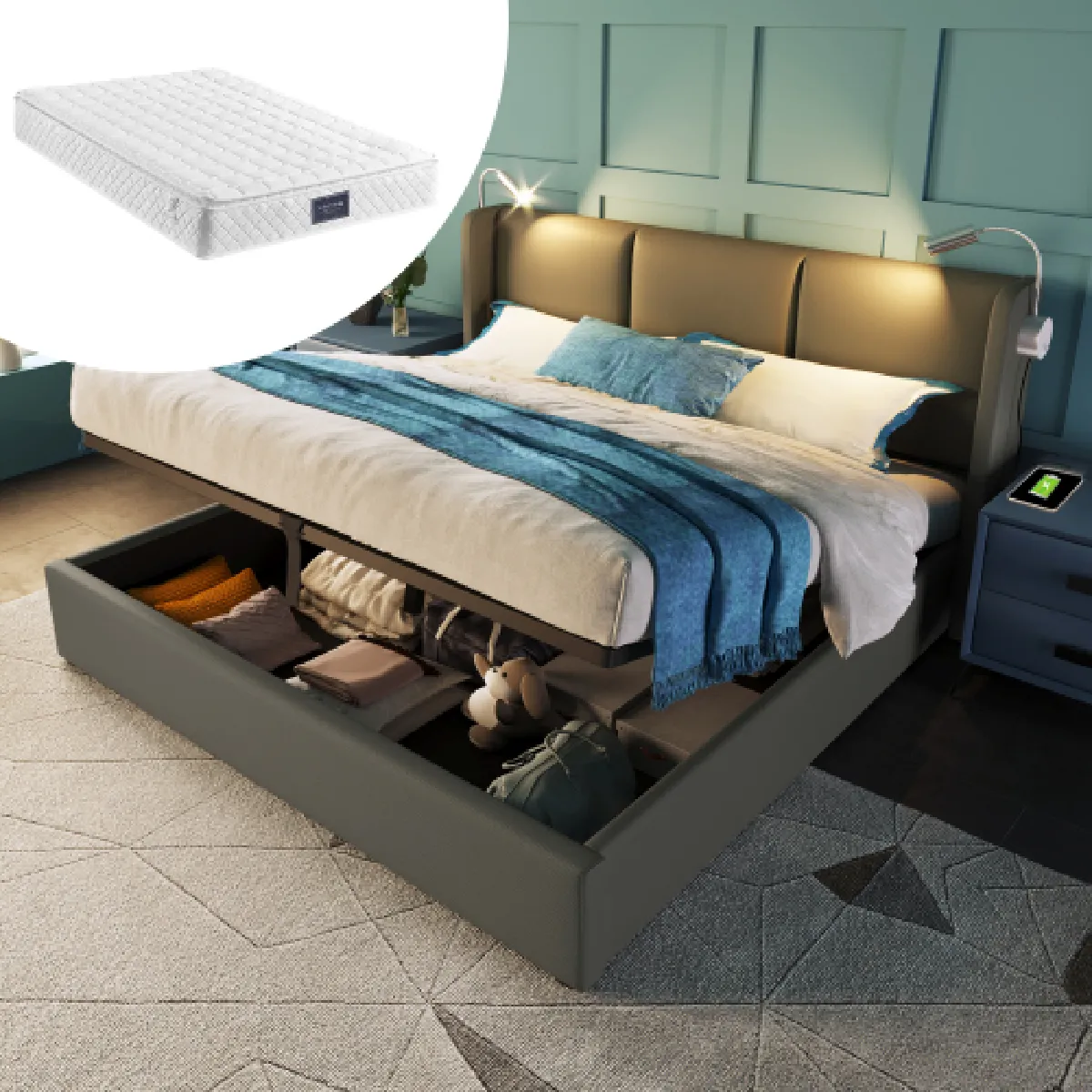 Lit coffre 140x200 cm avec lampe et tête de lit, en similicuir, gris