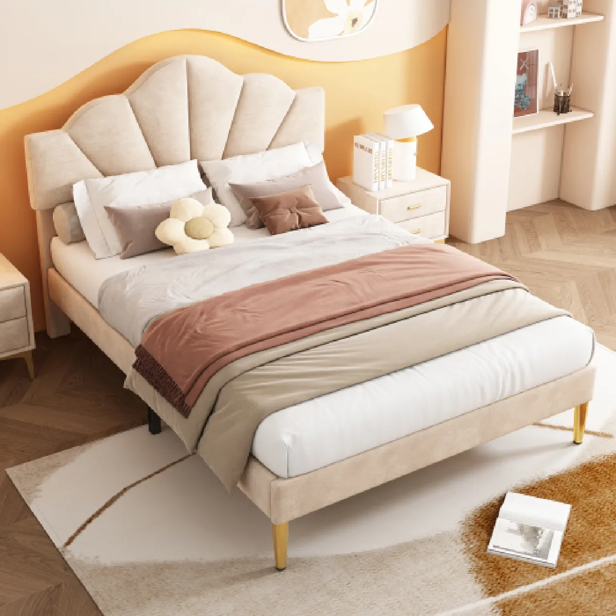 Lit adulte 140x200 cm avec tête de lit réglable en hauteur, en velours, beige