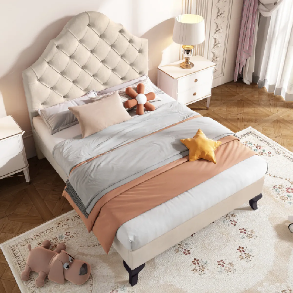 Lit enfant 90x200 cm avec tête de lit réglable, velours, beige