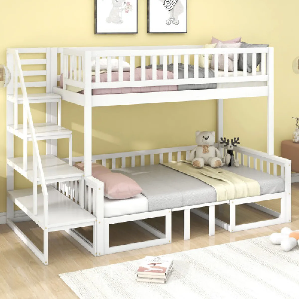 Lit superposé 90x200 cm avec escalier et table, en bois, blanc