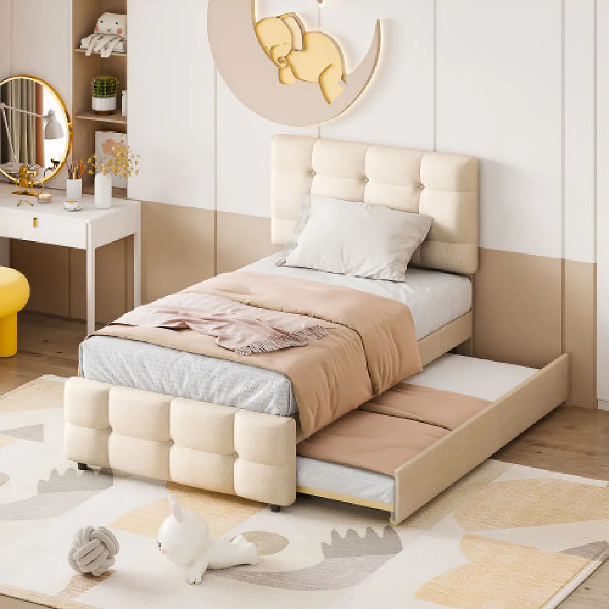 Lit gigogne 90x200 cm avec tête de lit réglable, en lin, beige