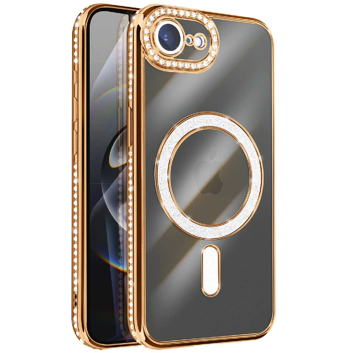 Avizar Doré Coque Pour Iphone 16E Compatible Magsafe Avec Contour Strassé E - Image 2