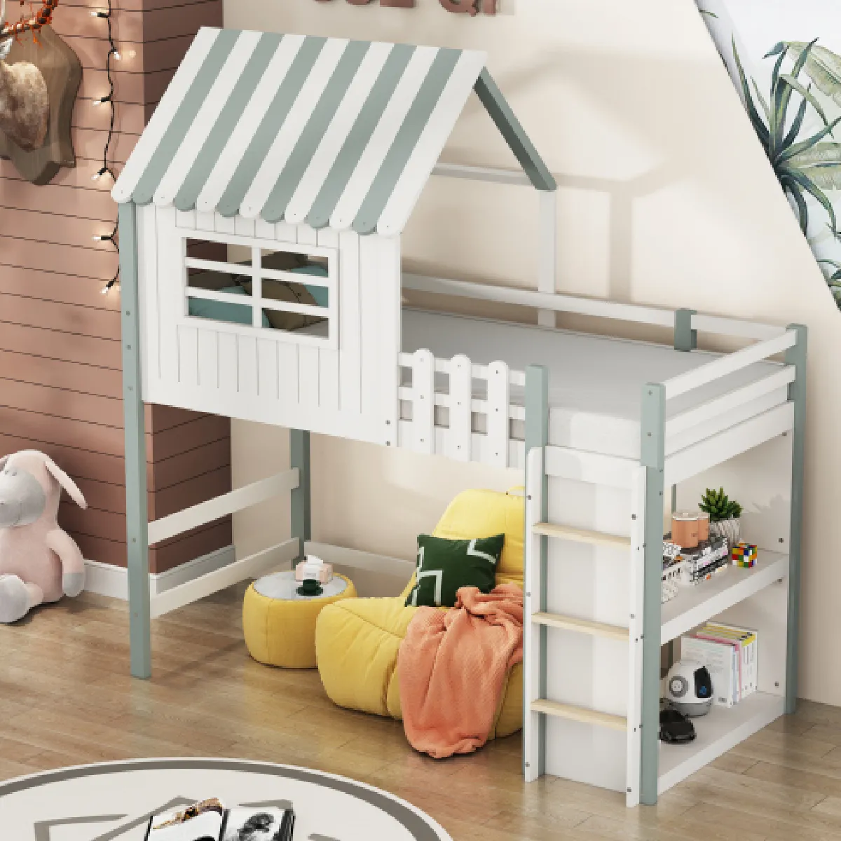 Lit mezzanine 90x200 cm avec échelle et sommier à lattes en bois