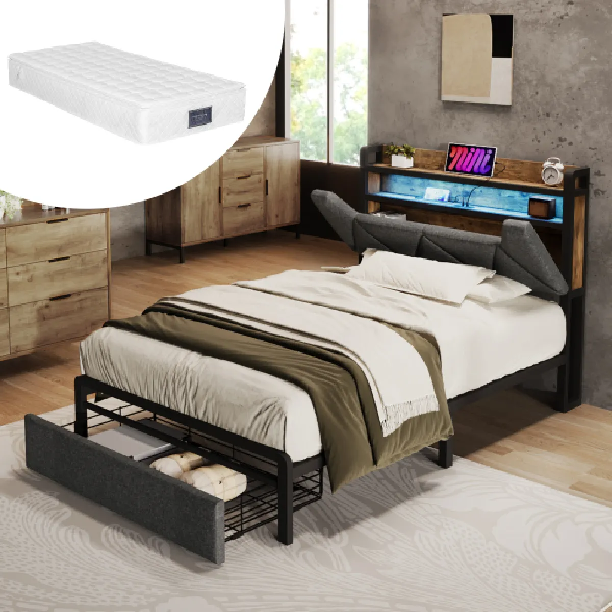 Lit enfant 90x200 cm avec USB Type-C, tiroirs, LED et tête de lit, en lin, gris