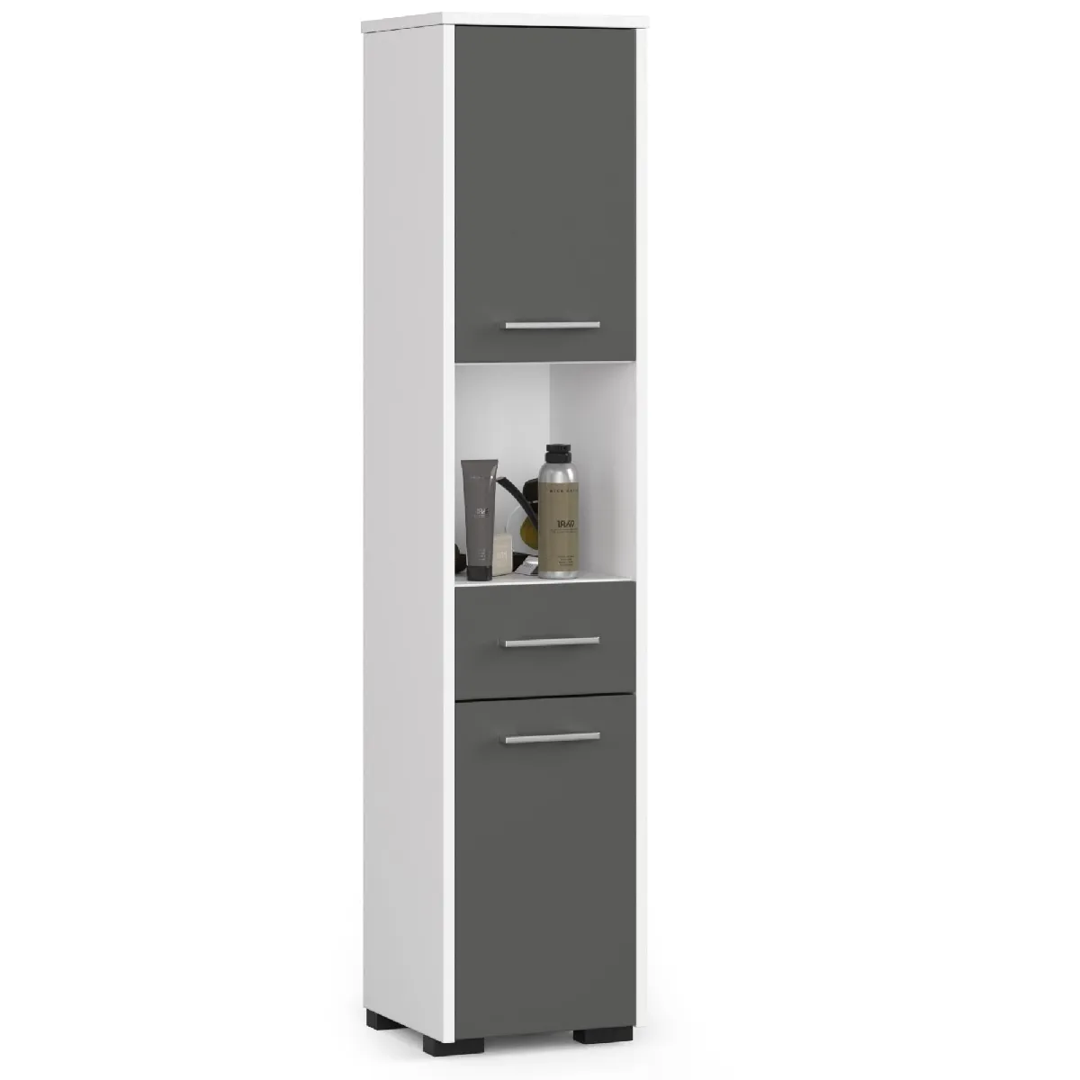 Akord Armoire Salle De Bain Colonne 2 Portes 1 Tiroir 1 Niche Blanc/Gris Graphite 30X30X140