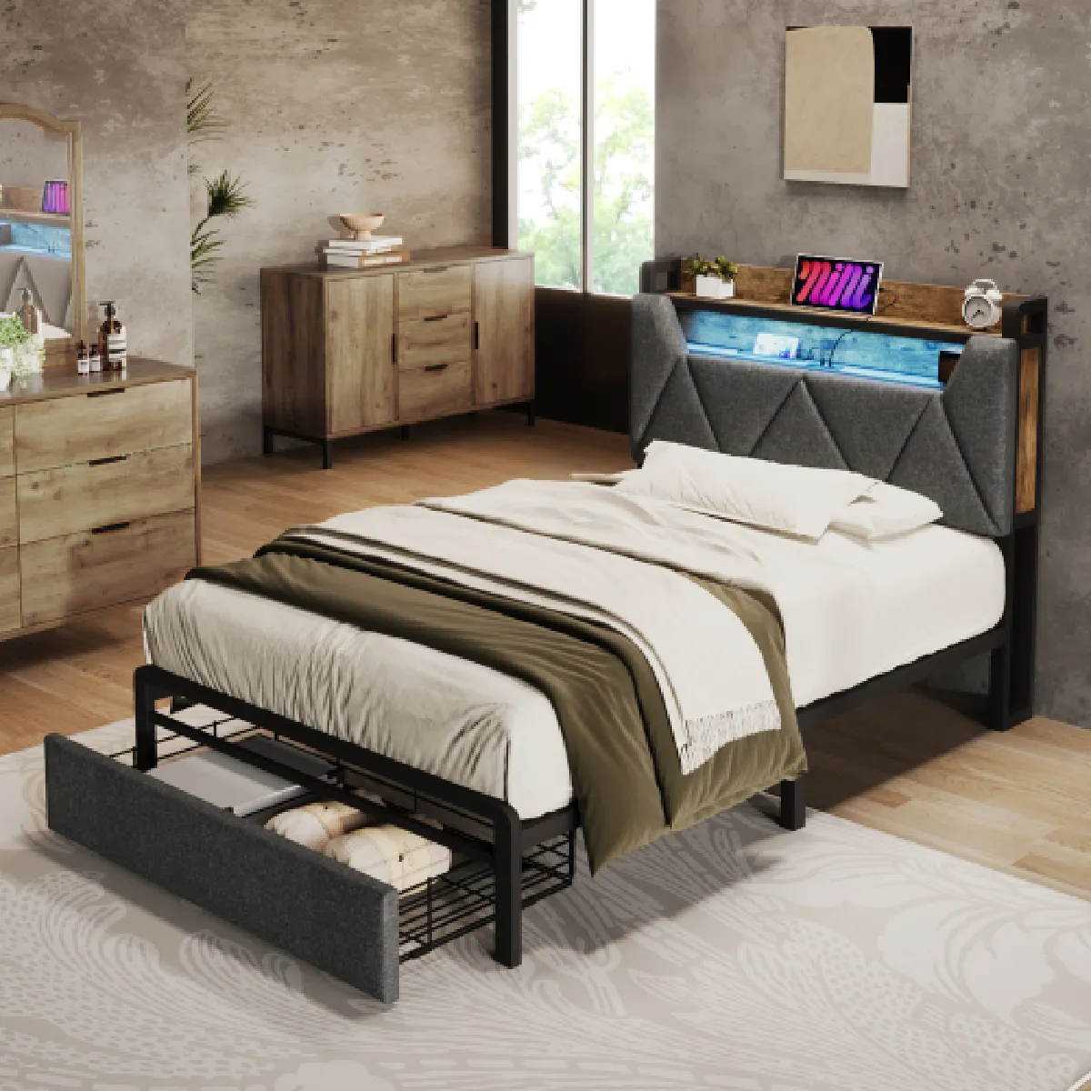 Lit enfant 90x200 cm avec USB Type C tiroirs LED et tête de lit en lin - vue 1
