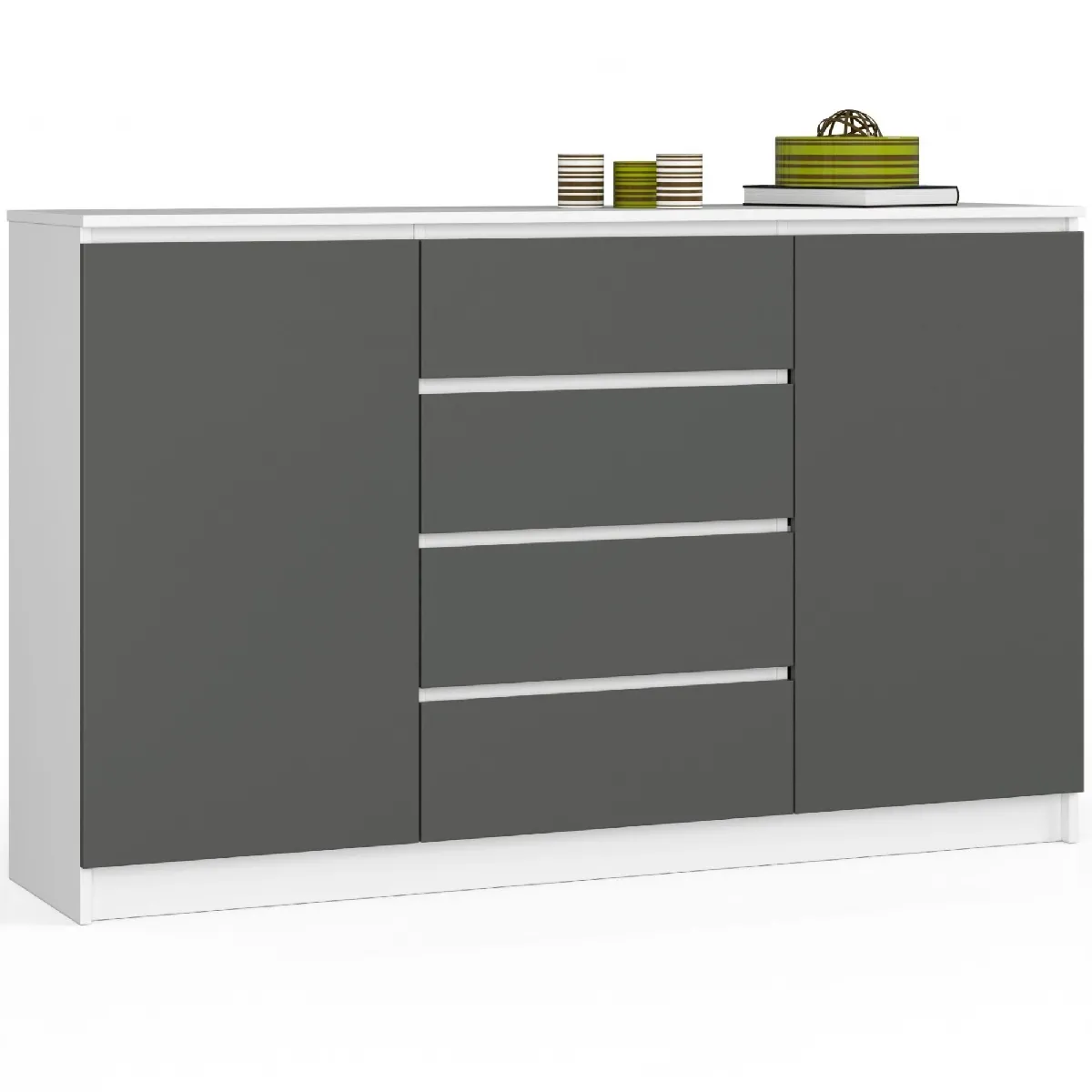 Akord Buffet 2 Portes 4 Tiroirs Blanc/Gris Graphite 160X40X99