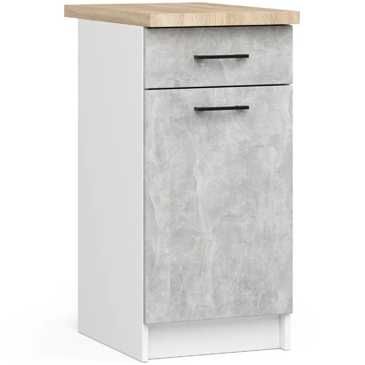 Meuble de cuisine bas armoire de cuisine S40 OLIWIA modulable Blanc 40 cm 1 porte 1 tiroir faade Bton 2 tagres 40x46x85 cm