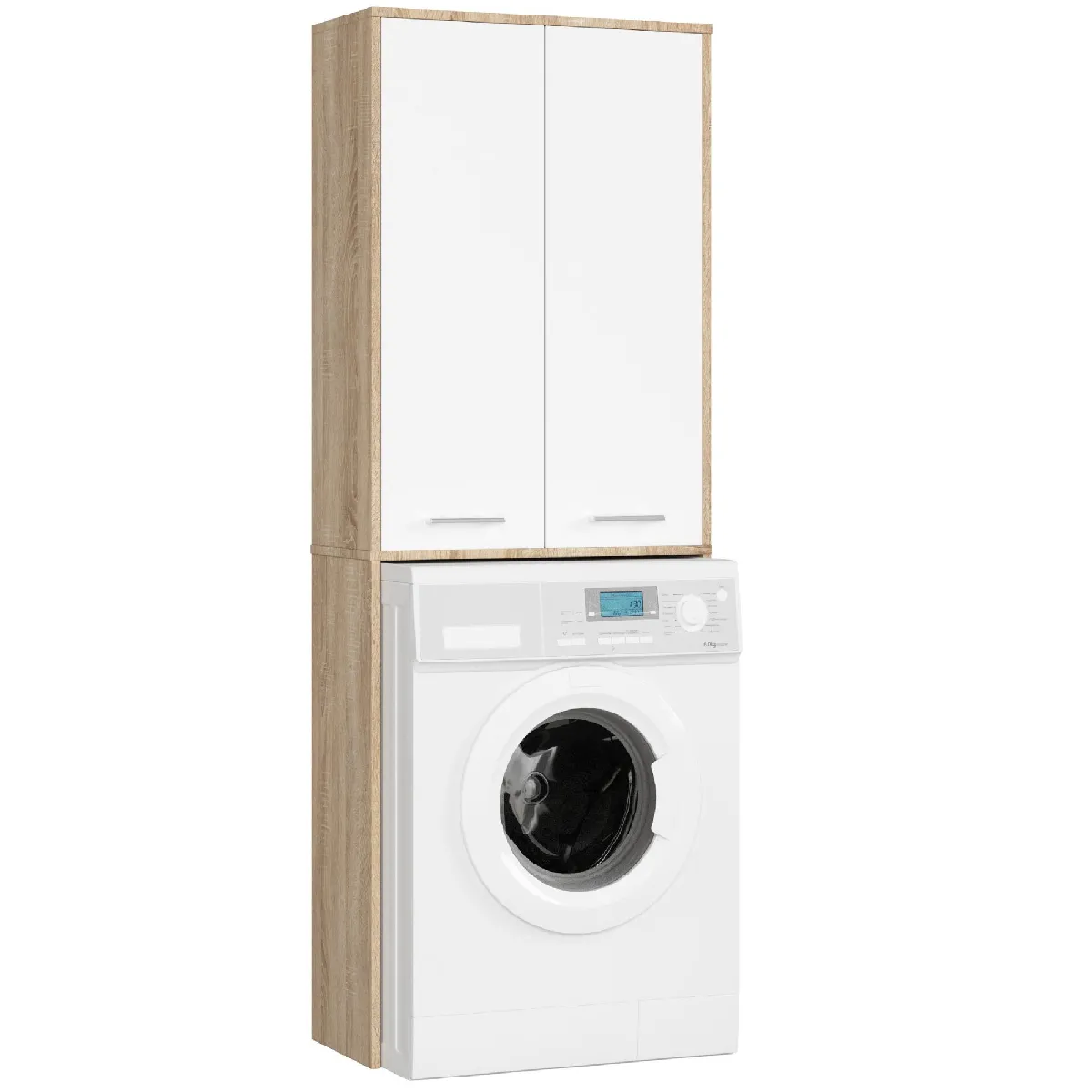 Meuble pour machine laver FIN Chne Sonoma 64 cm 2 portes faade Blanche 4 tagres 64x30x180 cm