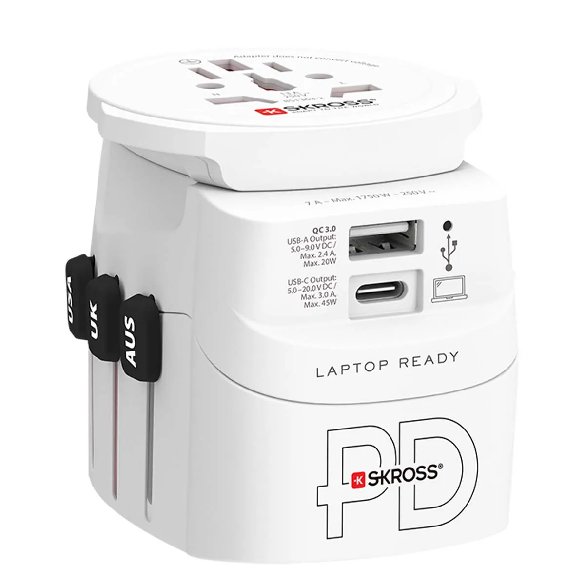 Adaptateur de voyage SKROSS Monde vers monde + 1 USB A + 1 USB C