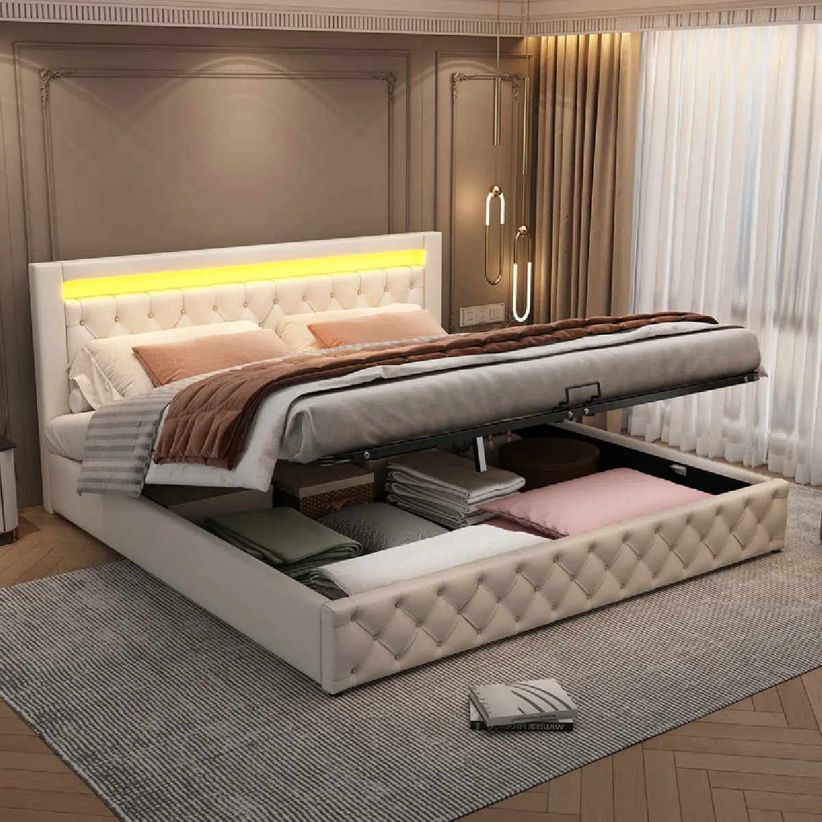 Lit coffre adulte 180 x 200 cm en similicuir avec LED, Coffre de rangement, Sommier à lattes inclus, Sans matelas, Scandinave