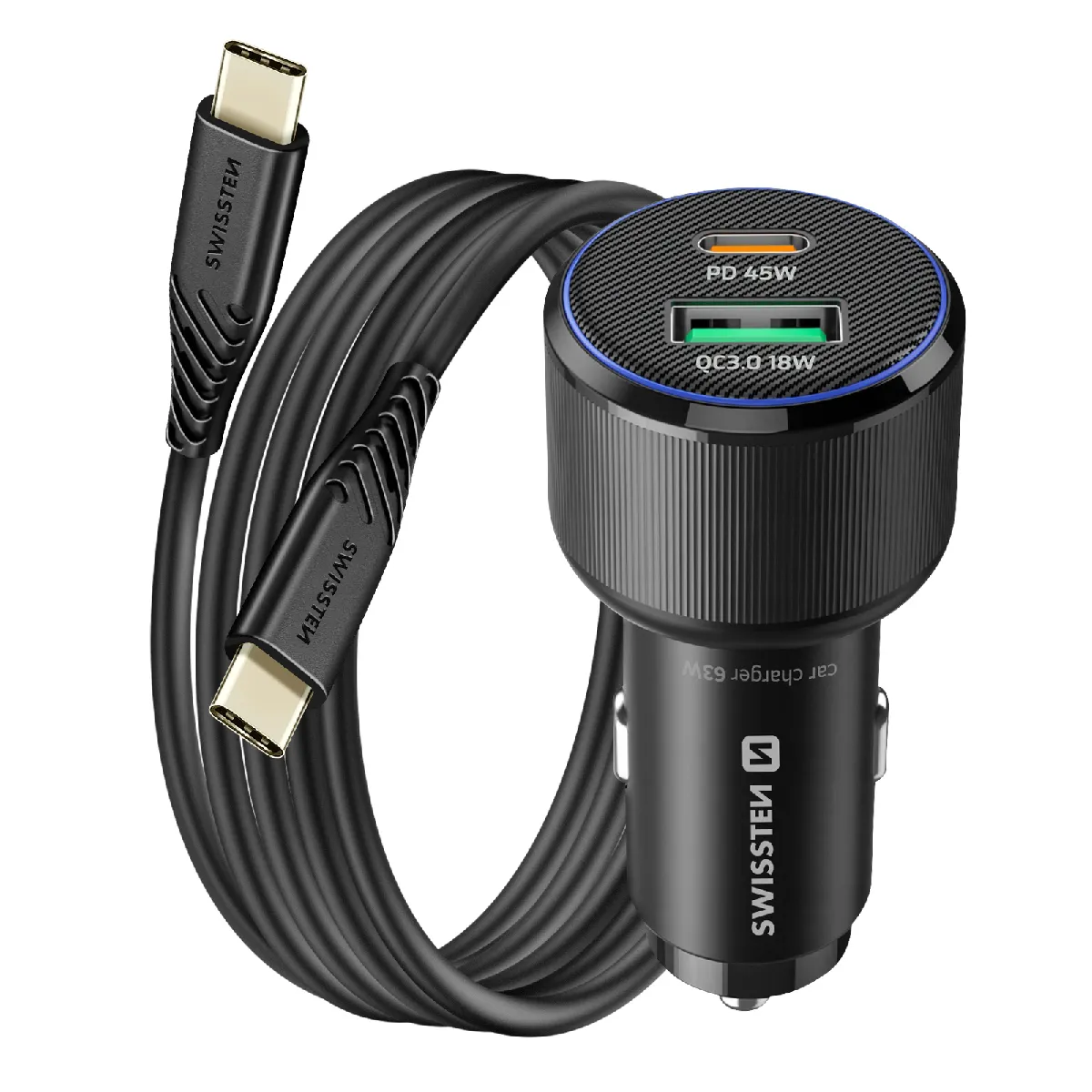 Swissten Noir Chargeur Voiture Usb-C 45W Pd Et Usb 3.0 18W Qc Avec Câble Usb-C