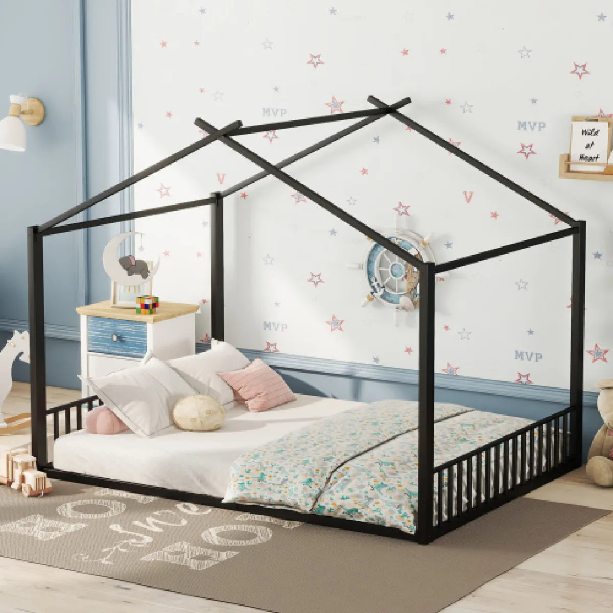 Lit cabane 140x200 cm avec barrière de sécurité, en métal, noir