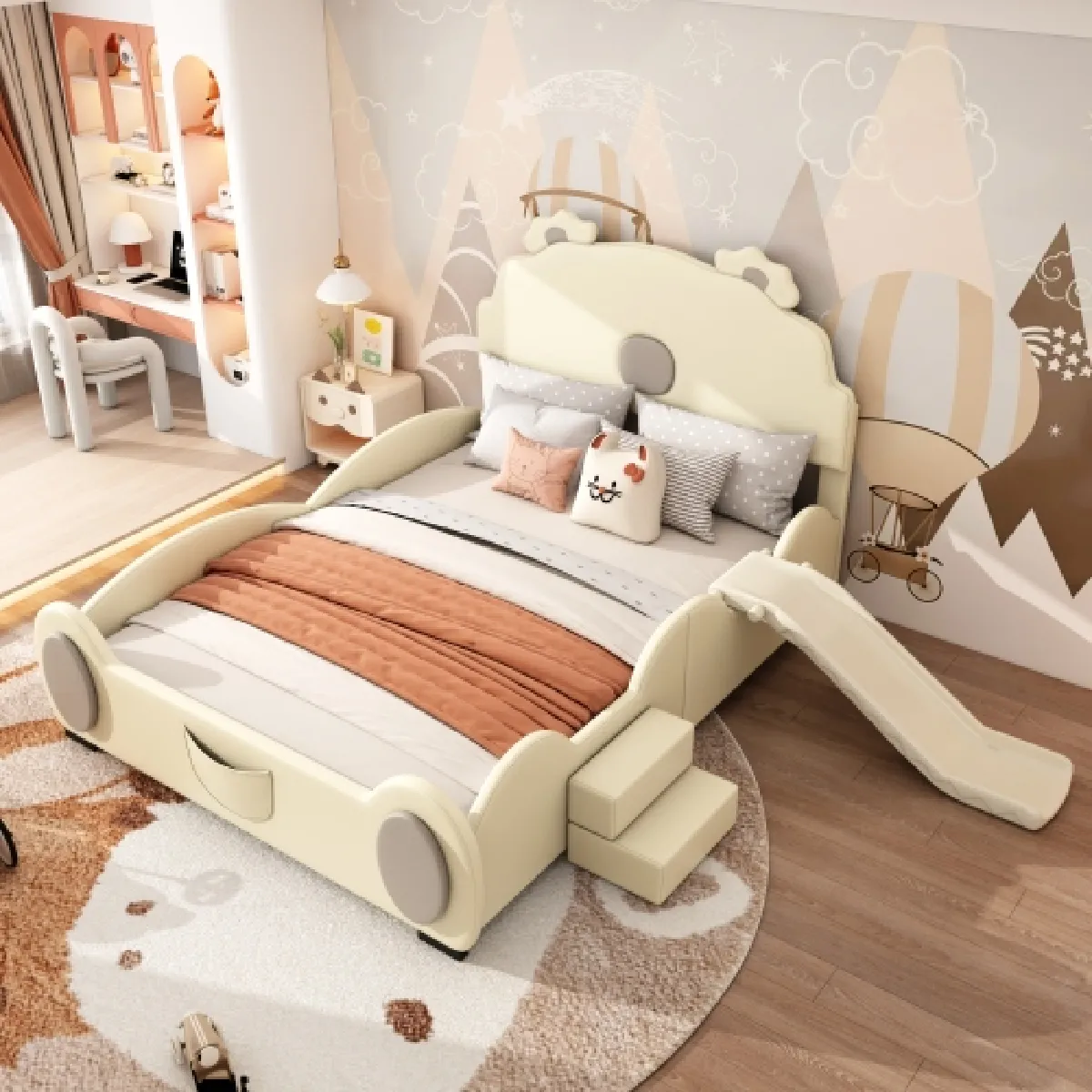 Lit enfant 140x200 cm avec toboggan et échelle, en similicuir, beige