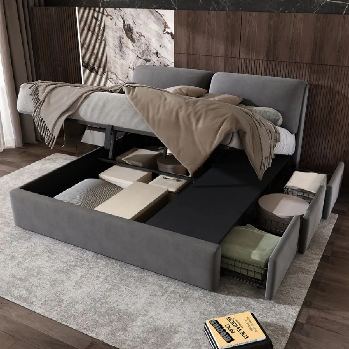 Lit capitonné double - 160x200 cm - 3 tiroirs - Sommier à lattes - Velours gris