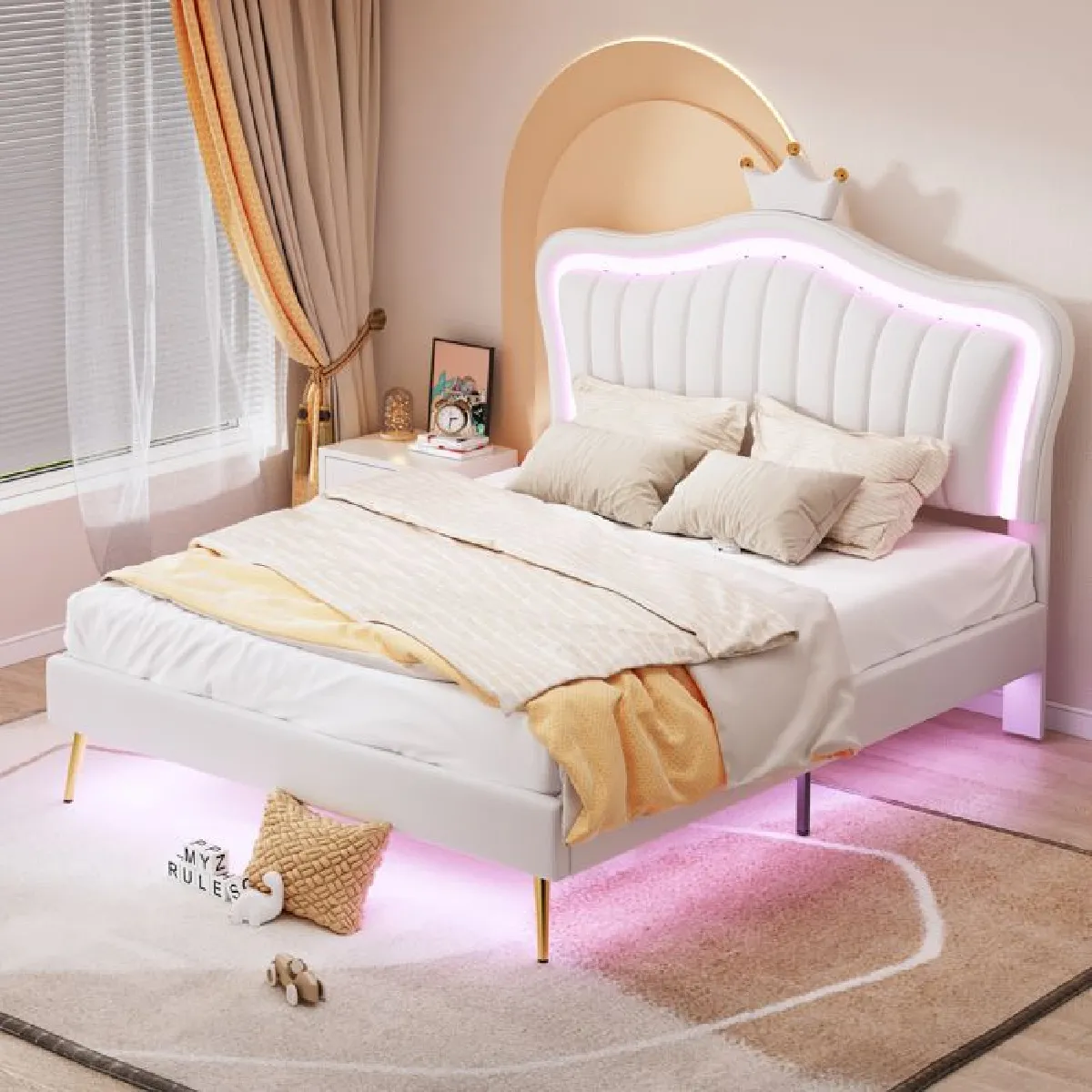 Lit enfant 140x200 cm - Lit double - Cuir PU - Éclairage LED - Sommier inclus